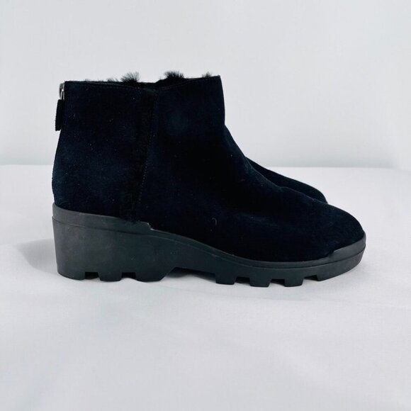 Eileen Fisher Rescue Weatherproof Suede Bootie Size 9.5 Black Fur Lined Chunky - Picture 1 of 13